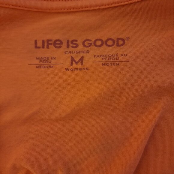 Life Is Good Shirt Women Medium Orange Hoppy Hour with Dog Holding a Lily Short - Picture 6 of 9
